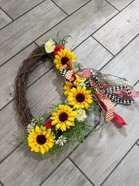 Sunflower Grapevine Wreath with Colorful Ribbon